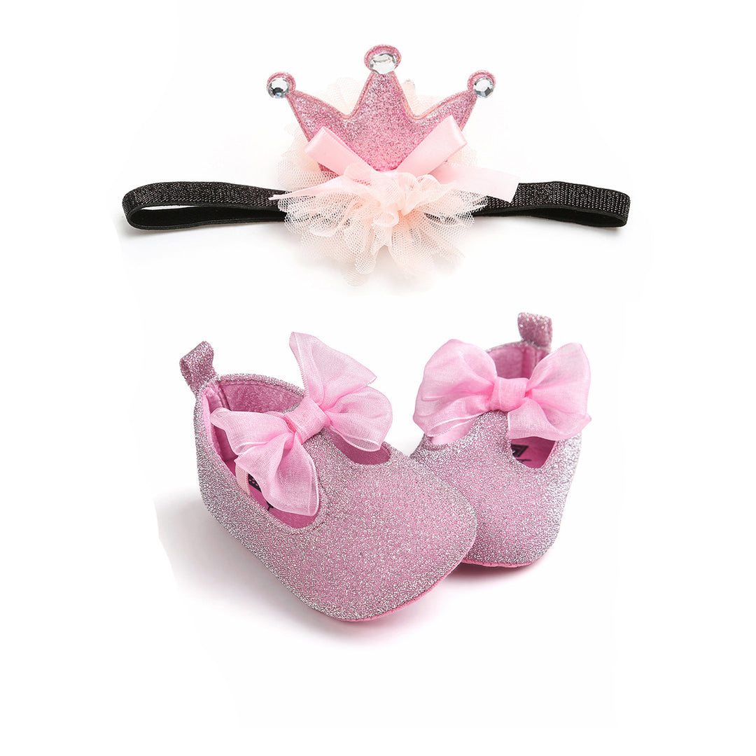 Baby Girl Glitter Flats Bowtie n Crown Headwrap Set - 0912 - quixoticmuses