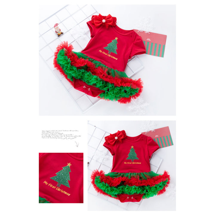 Baby Girl Christmas Outfit Christmas Tree Bodysuit Dress n Headwrap 2 Piece Set - 1124 - quixoticmuses