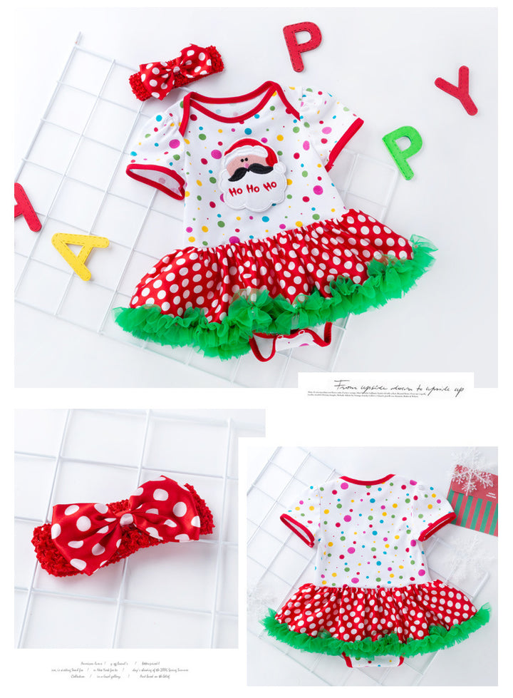 Baby Girl Christmas Outfit Santa Claus Colorful Dots Bodysuit Dress n Headwrap 2 Piece Set - 1124 - quixoticmuses