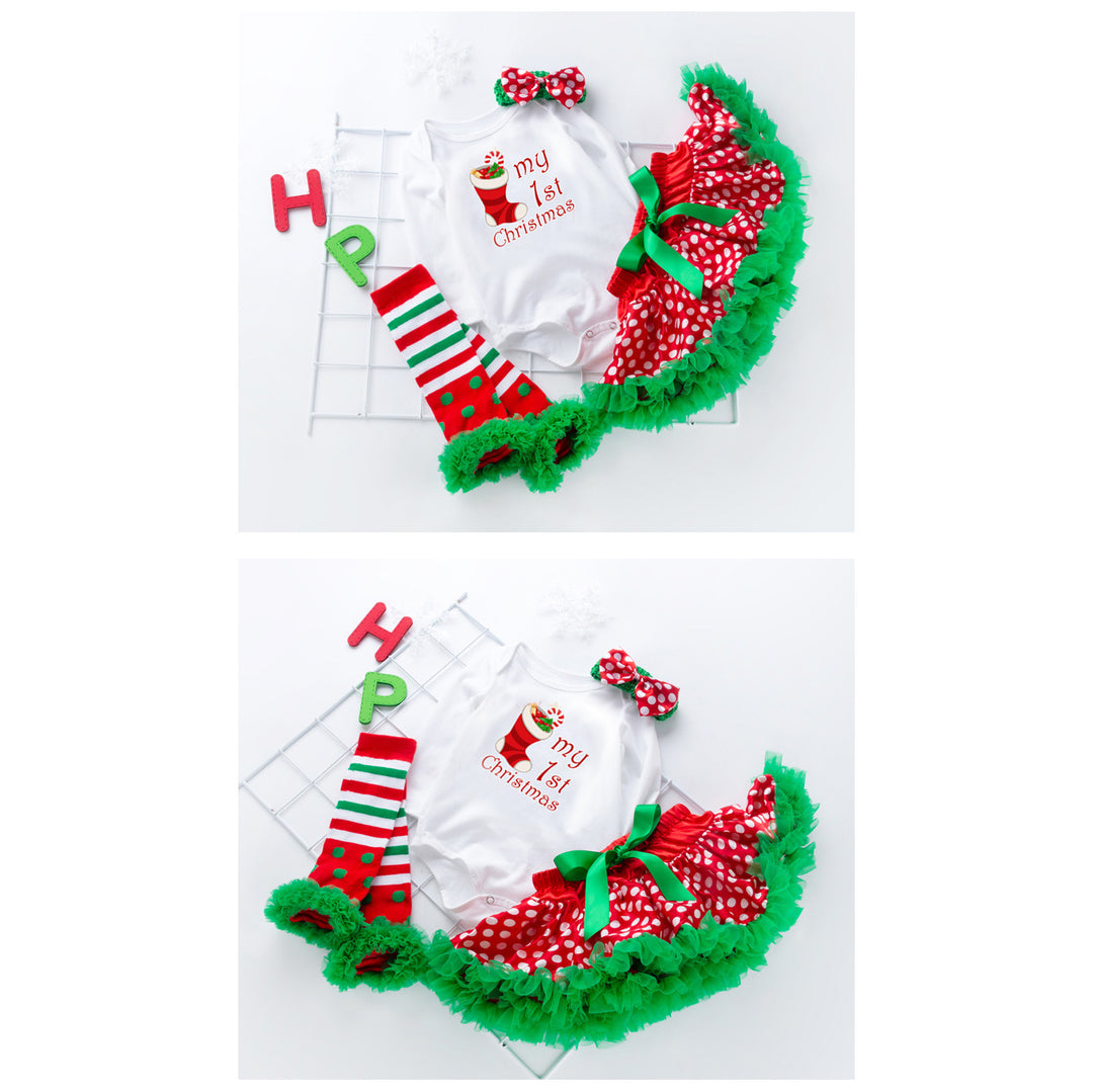 Baby Girl Christmas Outfit My First Christmas White Long Sleeve Bodysuit n Voile Skirt n Socks n Headwrap 4 Piece Set - 1124 - quixoticmuses