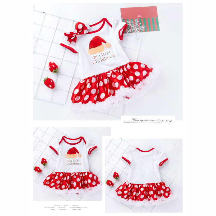 Baby Girl White Dots Christmas Romper Dress w Headwrap - quixoticmuses