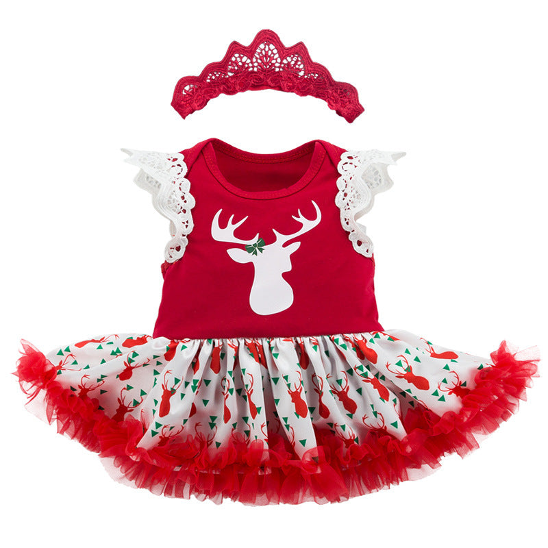 Baby Girl Reindeer Christmas Romper Dress w Headwrap - quixoticmuses