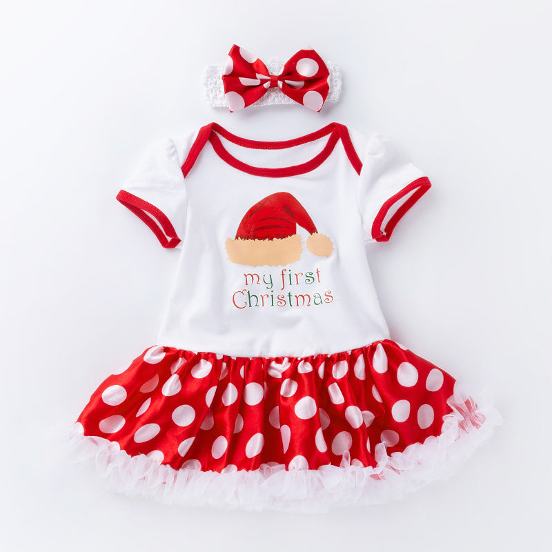 Baby Girl White Dots Christmas Romper Dress w Headwrap - quixoticmuses