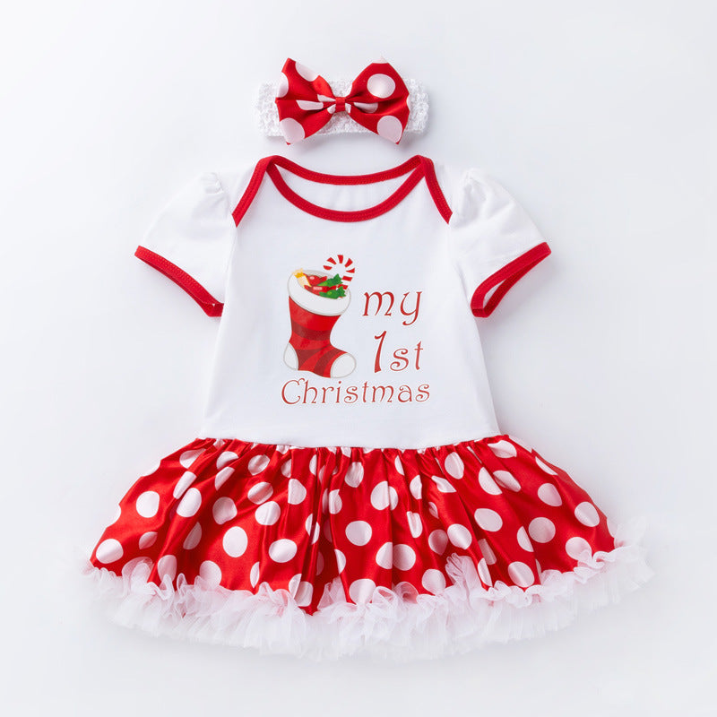 Baby Girl Christmas Outfit My 1st Christmas Bodysuit Dress n Headwrap 2 Piece Set - 1124 - quixoticmuses