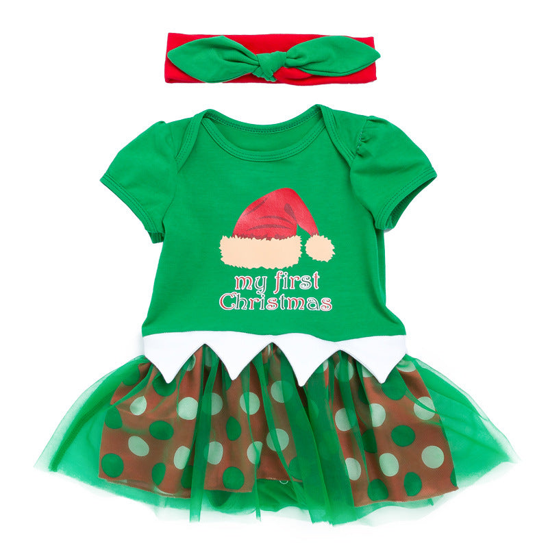 Baby Girl Green Christmas Romper Dress w Headwrap - quixoticmuses