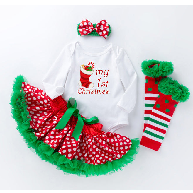 Baby Girl Christmas Outfit My First Christmas White Long Sleeve Bodysuit n Voile Skirt n Socks n Headwrap 4 Piece Set - 1124 - quixoticmuses