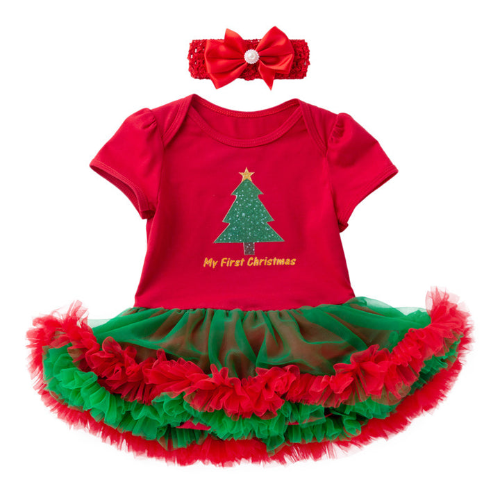 Baby Girl Christmas Outfit Christmas Tree Bodysuit Dress n Headwrap 2 Piece Set - 1124 - quixoticmuses