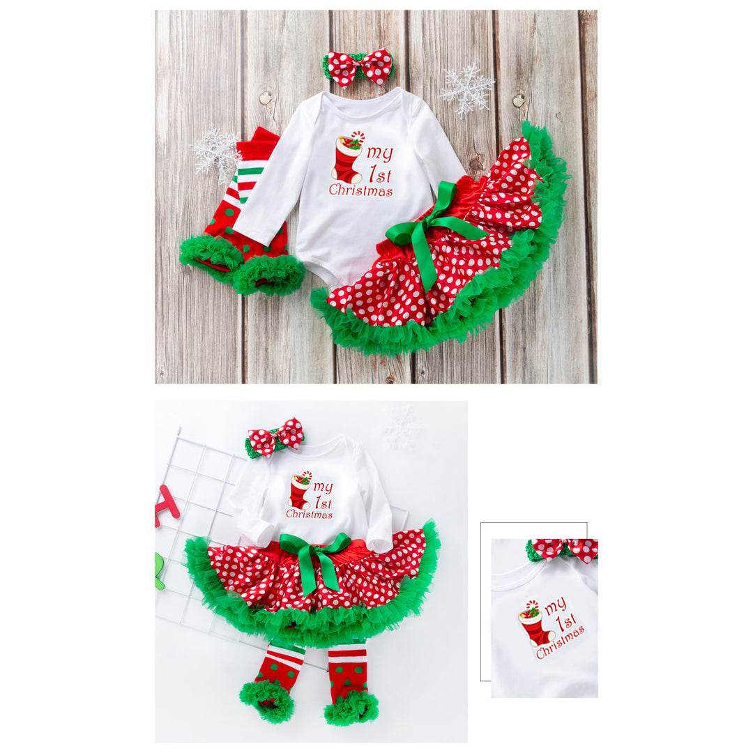 Baby Girl Christmas Outfit My First Christmas White Long Sleeve Bodysuit n Voile Skirt n Socks n Headwrap 4 Piece Set - 1124 - quixoticmuses