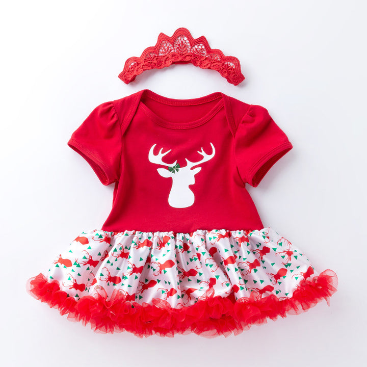 Baby Girl Christmas Outfit Elk Bodysuit Dress n Headwrap 2 Piece Set - 1124 - quixoticmuses