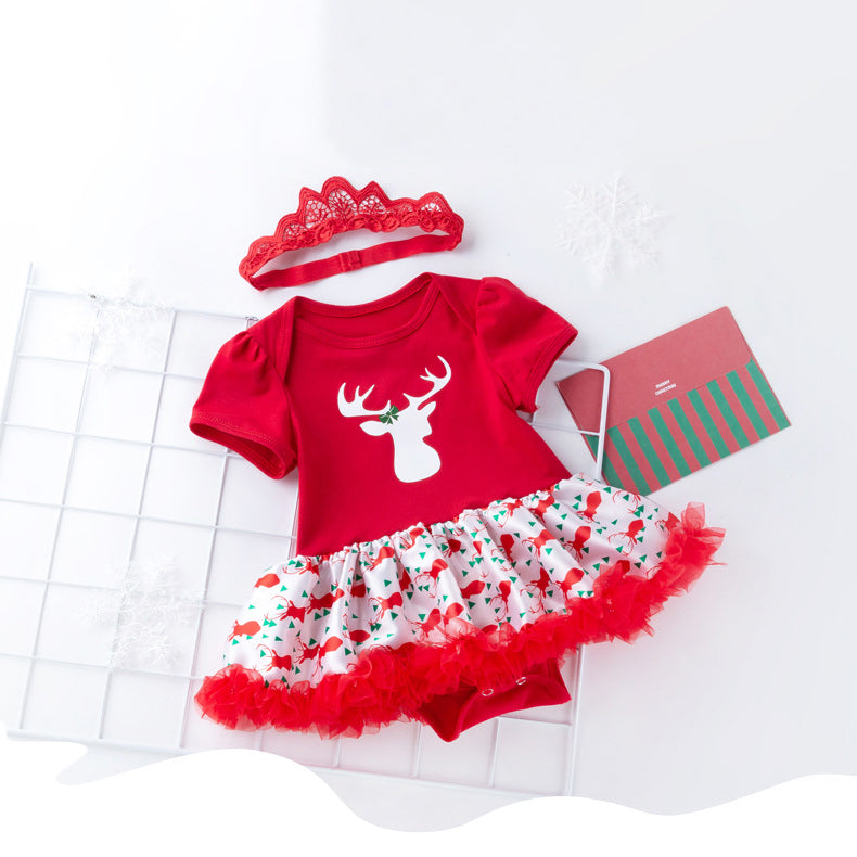 Baby Girl Christmas Outfit Elk Bodysuit Dress n Headwrap 2 Piece Set - 1124 - quixoticmuses