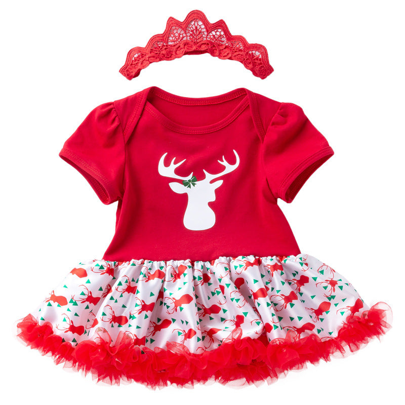 Baby Girl Christmas Outfit Elk Bodysuit Dress n Headwrap 2 Piece Set - 1124 - quixoticmuses