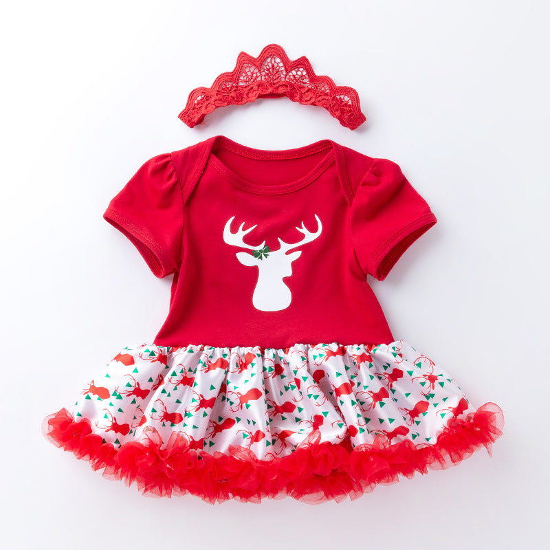 Baby Girl Christmas Outfit Elk Bodysuit Dress n Headwrap 2 Piece Set - 1124 - quixoticmuses