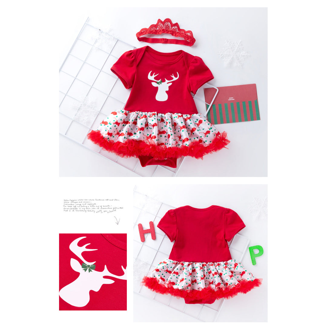 Baby Girl Christmas Outfit Elk Bodysuit Dress n Headwrap 2 Piece Set - 1124 - quixoticmuses