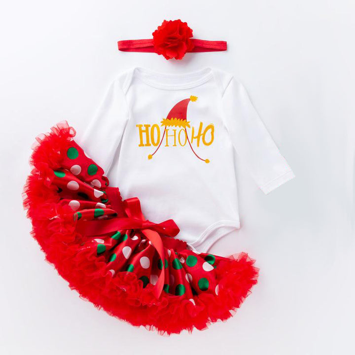 Baby Girl Christmas Outfit White Long Sleeve Bodysuit n Red Voile Skirt n Socks n Headwrap 4 Piece Set - 1124 - quixoticmuses