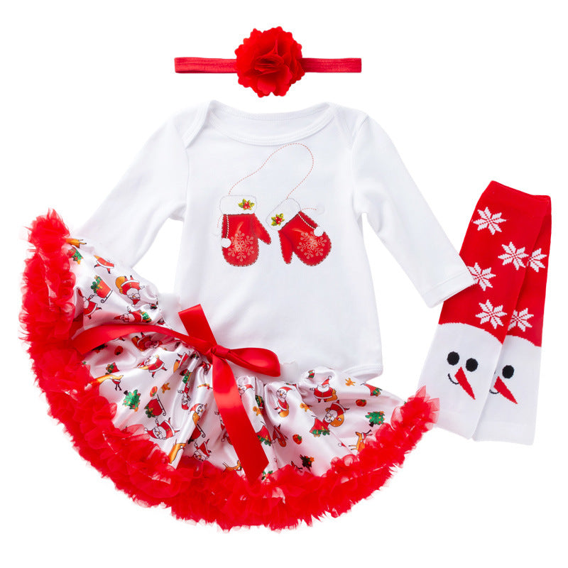 Baby Girl Christmas Outfit White Long Sleeve Bodysuit n Red Voile Skirt n Socks n Headwrap 4 Piece Set - 1124 - quixoticmuses