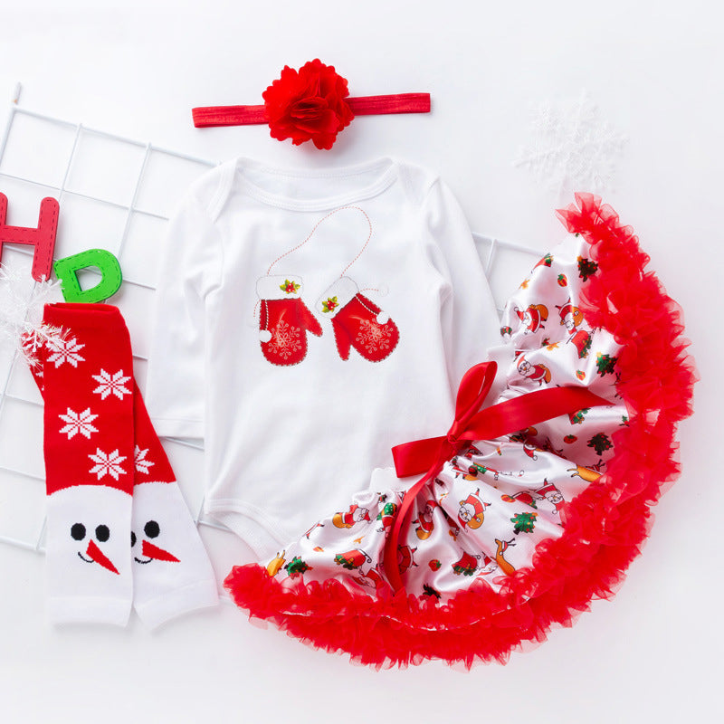 Baby Girl Christmas Outfit White Long Sleeve Bodysuit n Red Voile Skirt n Socks n Headwrap 4 Piece Set - 1124 - quixoticmuses