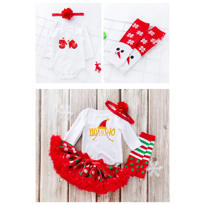 Baby Girl Christmas Outfit White Long Sleeve Bodysuit n Red Voile Skirt n Socks n Headwrap 4 Piece Set - 1124 - quixoticmuses