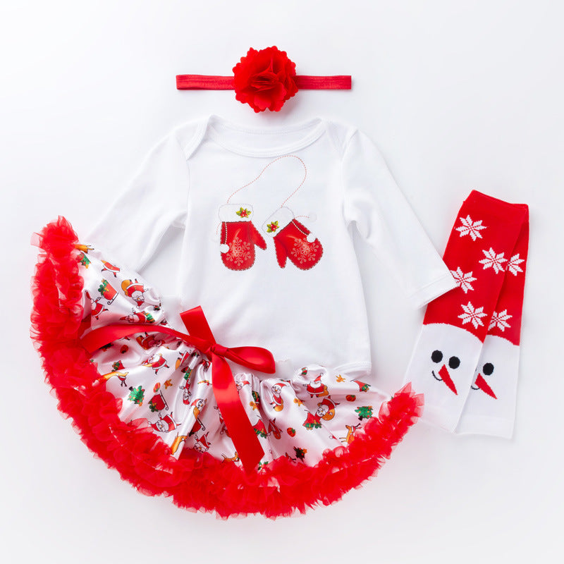 Baby Girl Christmas Outfit White Long Sleeve Bodysuit n Red Voile Skirt n Socks n Headwrap 4 Piece Set - 1124 - quixoticmuses