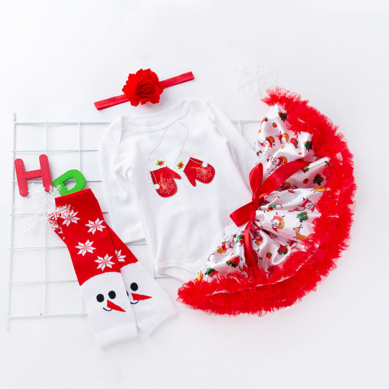 Baby Girl Christmas Outfit White Long Sleeve Bodysuit n Red Voile Skirt n Socks n Headwrap 4 Piece Set - 1124 - quixoticmuses