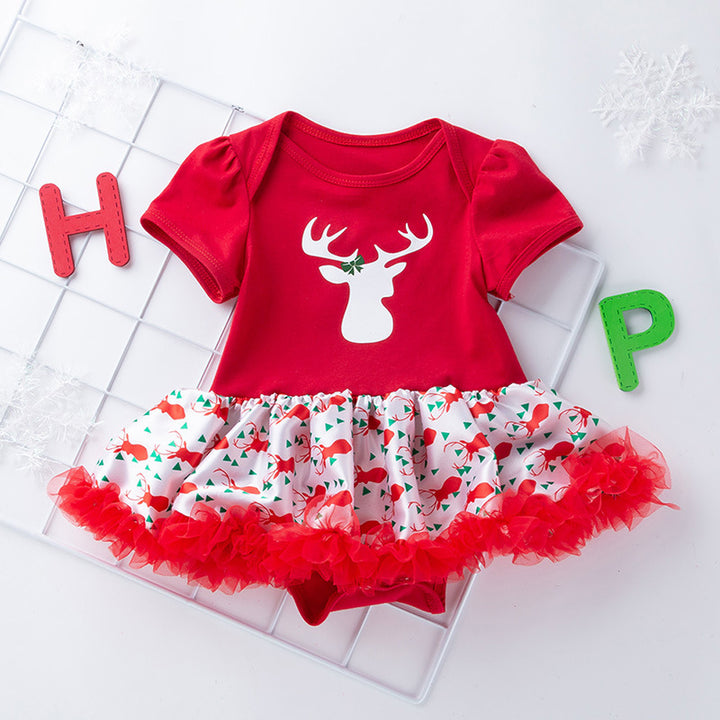 Baby Girl Christmas Outfit Elk Bodysuit Dress n Headwrap 2 Piece Set - 1124 - quixoticmuses