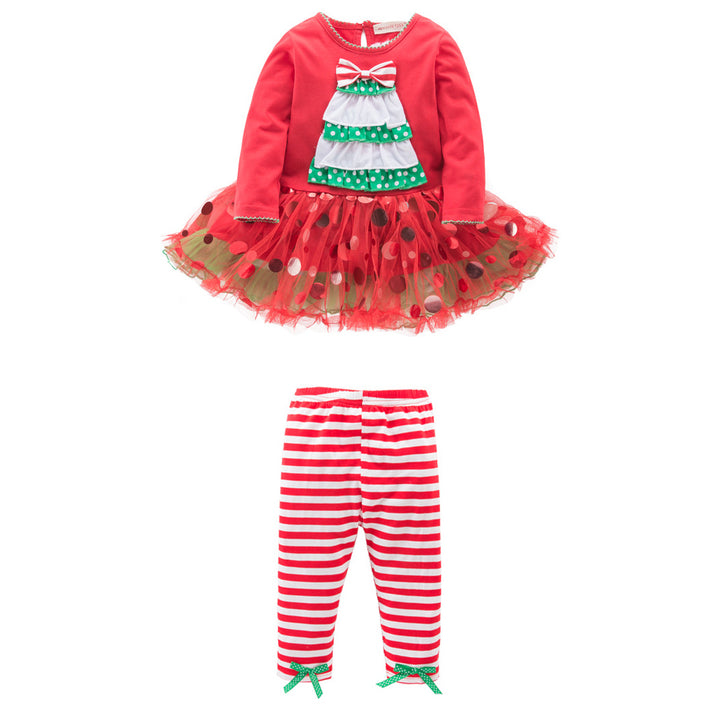 Girl's Christmas Outfit Long Sleeve Christmas Tree Voile Sequin Dress n Pants Two Piece Set - 1125 - quixoticmuses