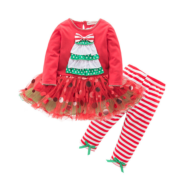 Girl's Christmas Outfit Long Sleeve Christmas Tree Voile Sequin Dress n Pants Two Piece Set - 1125 - quixoticmuses