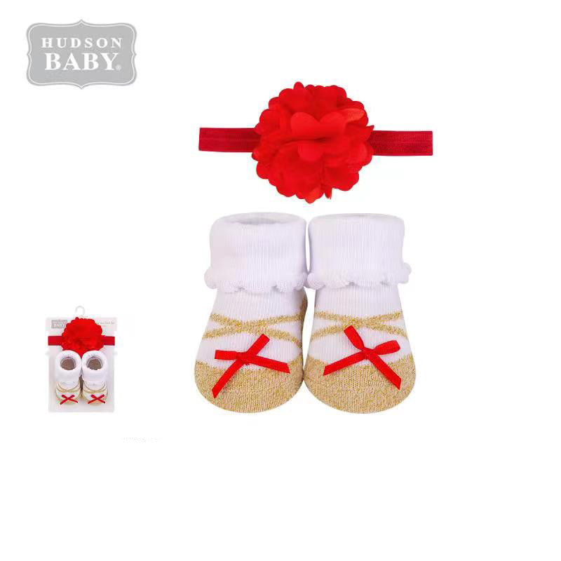 Baby Girl 2 Piece Headband n Socks Set 01168CH Gold & Red - quixoticmuses