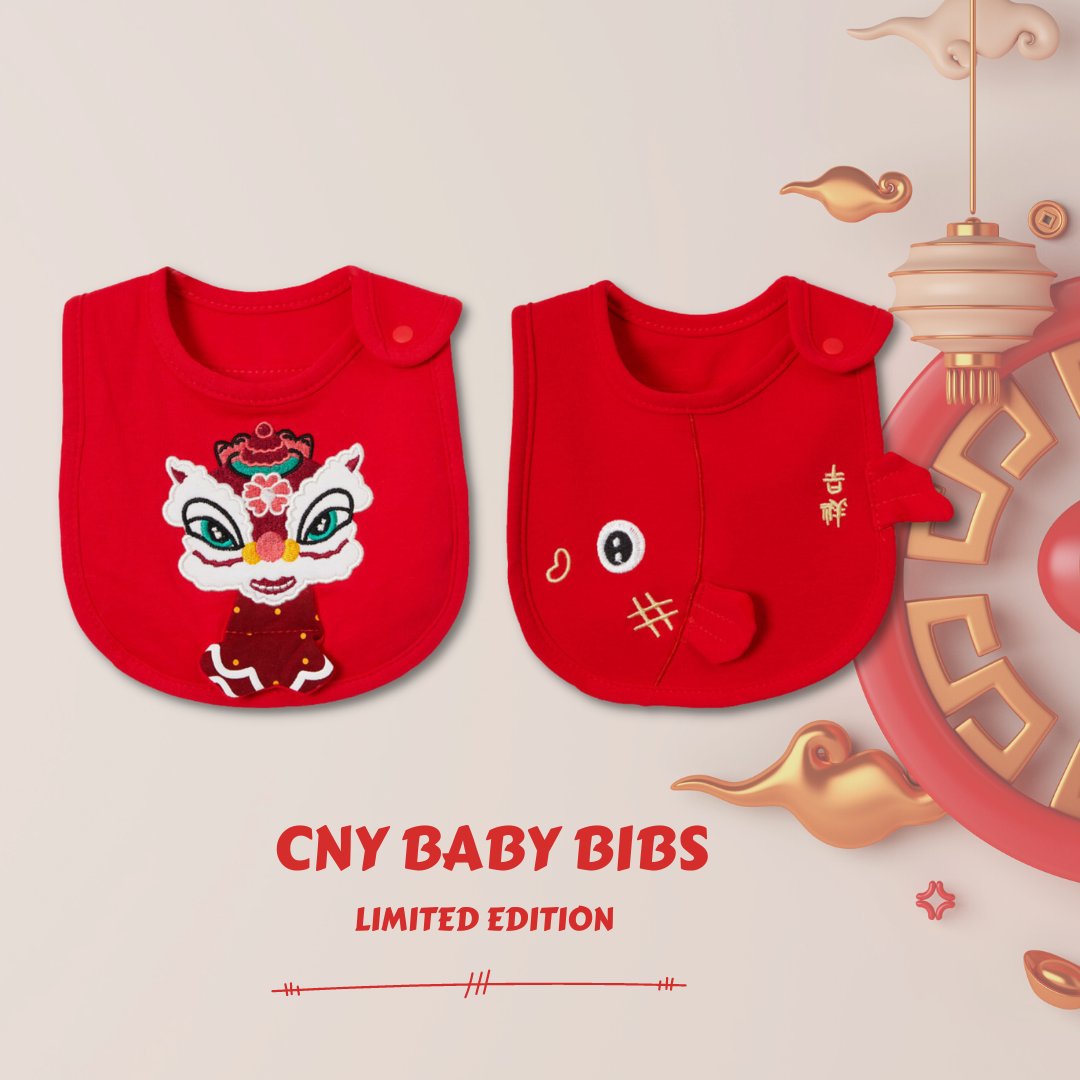 Chinese New Year Red Waterproof Bibs Dancing Lion Little Fish Designs Limited Edition For CNY Bibs - quixoticmuses