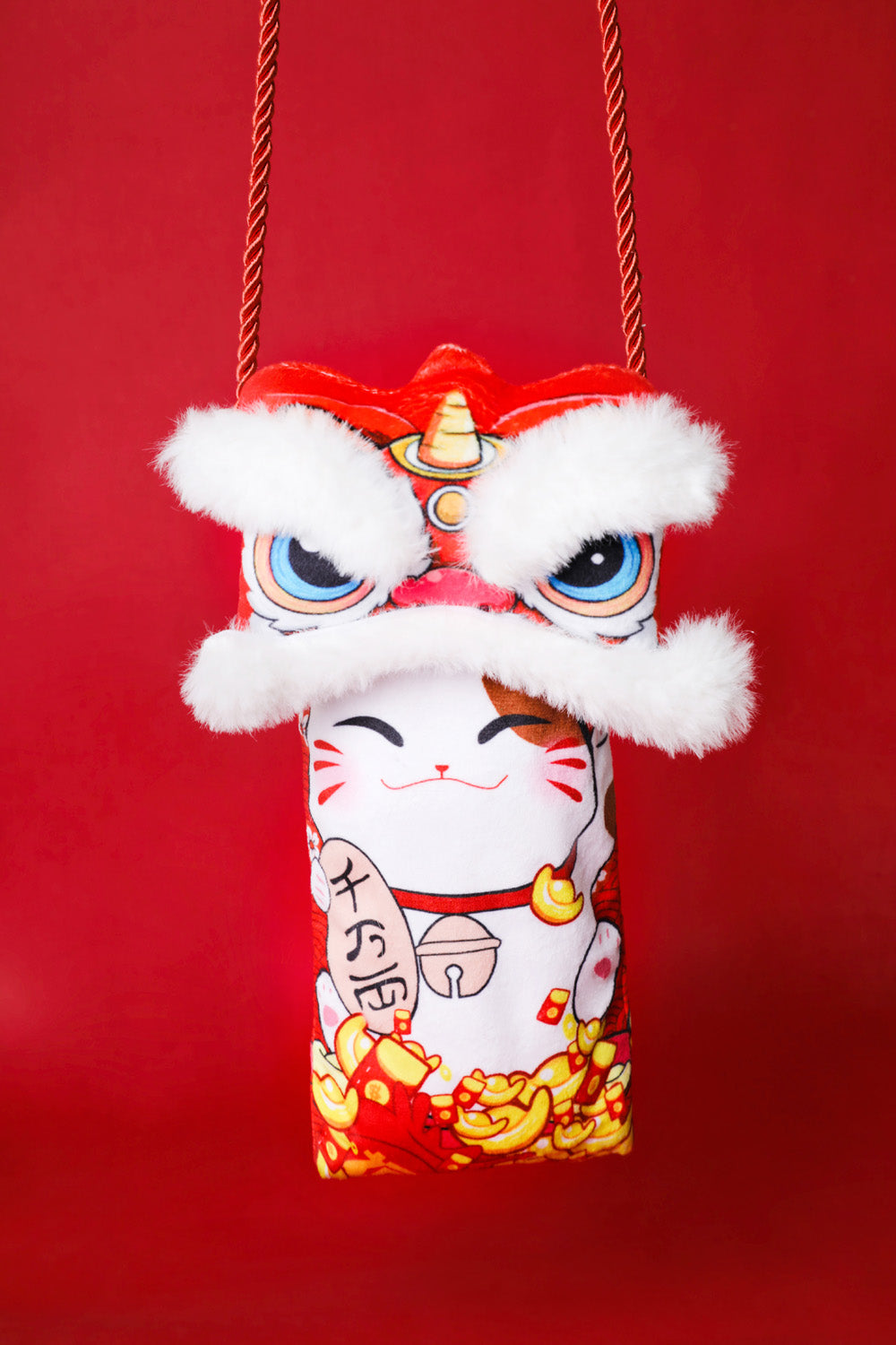 Baby Kids CNY Chinese New Year Ang Bao Red Velvet Envelope Sling Bag Fortune Cat w Dancing Lion - quixoticmuses