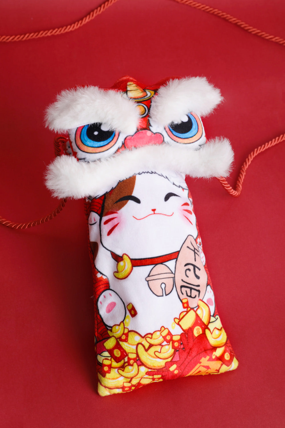 Baby Kids CNY Chinese New Year Ang Bao Red Velvet Envelope Sling Bag Fortune Cat w Dancing Lion - quixoticmuses