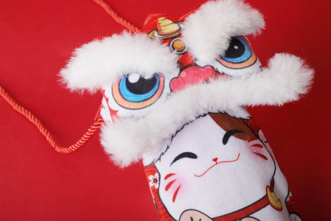 Baby Kids CNY Chinese New Year Ang Bao Red Velvet Envelope Sling Bag Fortune Cat w Dancing Lion - quixoticmuses