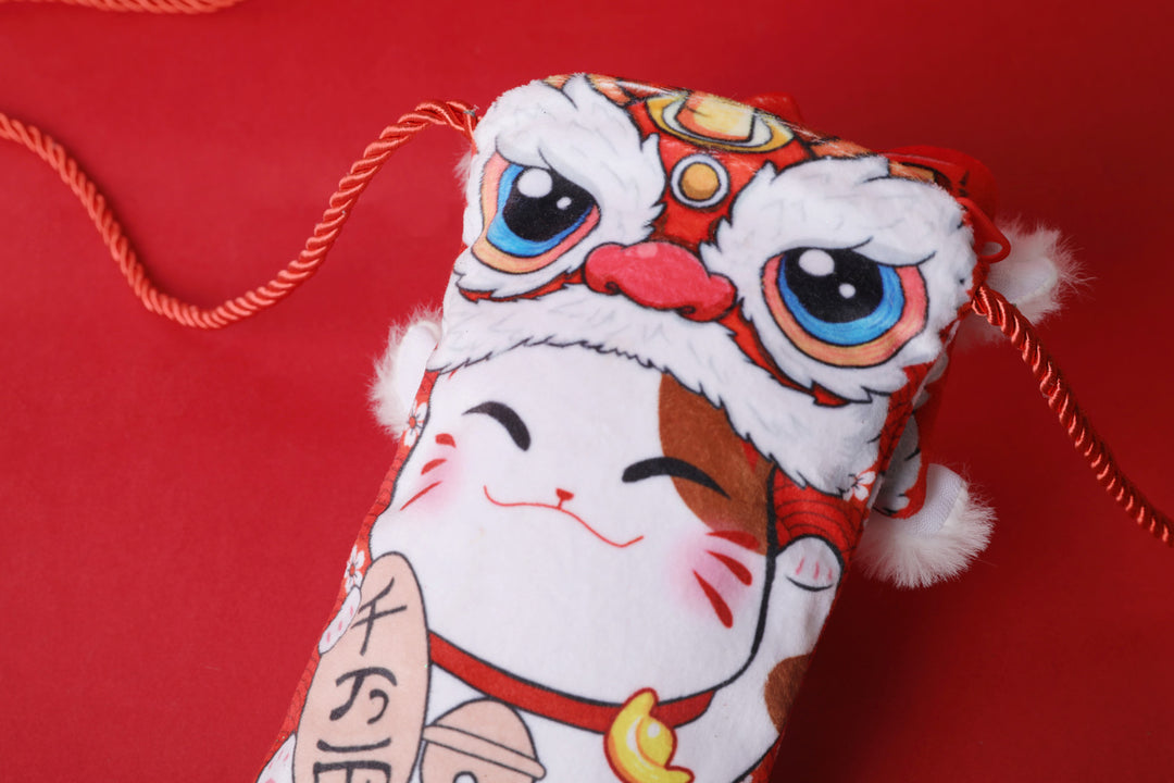 Baby Kids CNY Chinese New Year Ang Bao Red Velvet Envelope Sling Bag Fortune Cat w Dancing Lion - quixoticmuses