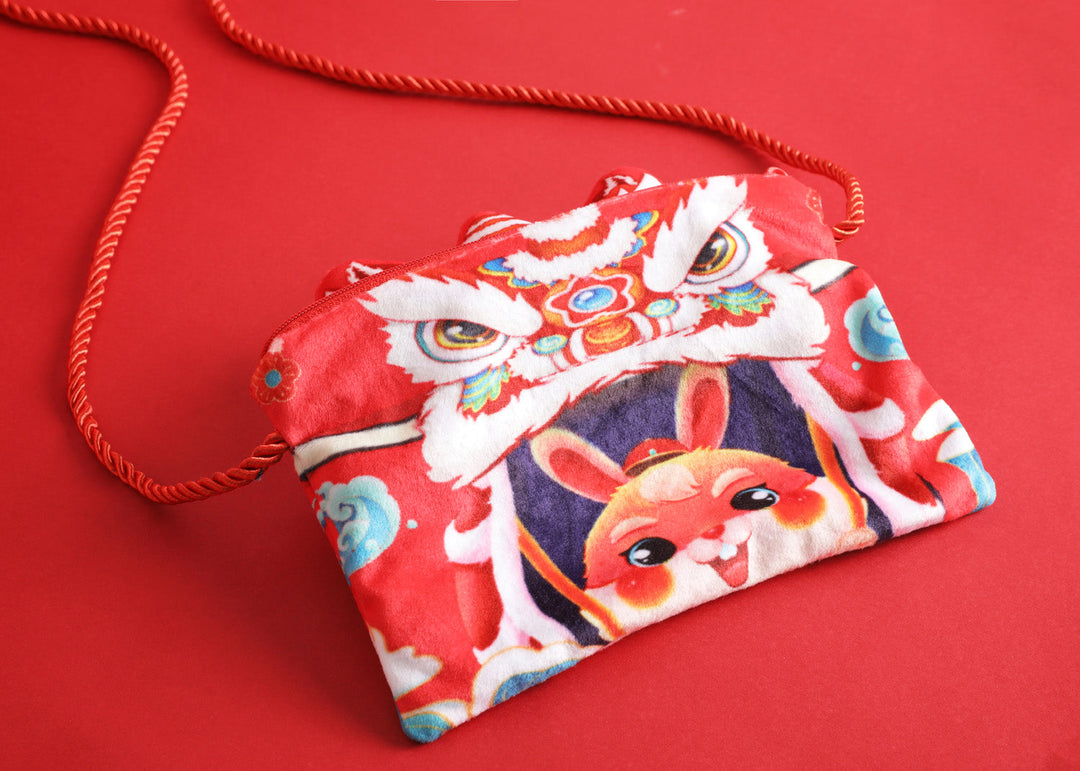 Baby Kids CNY Chinese New Year Rabbit Year Ang Bao Red Velvet Envelope Sling Bag Dancing Lion - quixoticmuses