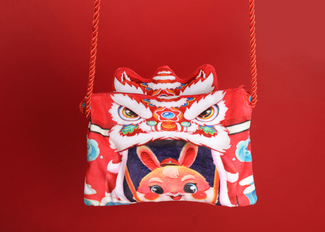 Baby Kids CNY Chinese New Year Rabbit Year Ang Bao Red Velvet Envelope Sling Bag Dancing Lion - quixoticmuses