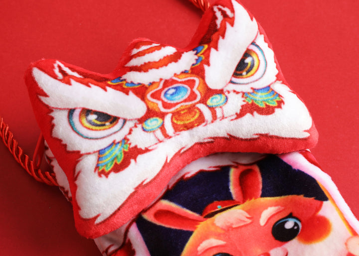 Baby Kids CNY Chinese New Year Rabbit Year Ang Bao Red Velvet Envelope Sling Bag Dancing Lion - quixoticmuses