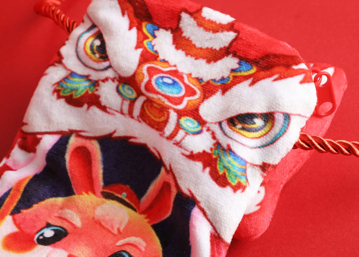 Baby Kids CNY Chinese New Year Rabbit Year Ang Bao Red Velvet Envelope Sling Bag Dancing Lion - quixoticmuses