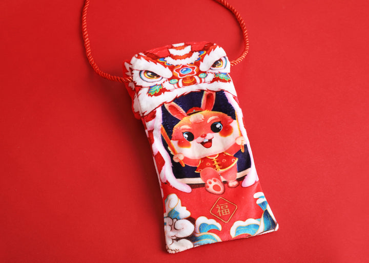 Baby Kids CNY Chinese New Year Rabbit Year Ang Bao Red Velvet Envelope Sling Bag Dancing Lion - quixoticmuses