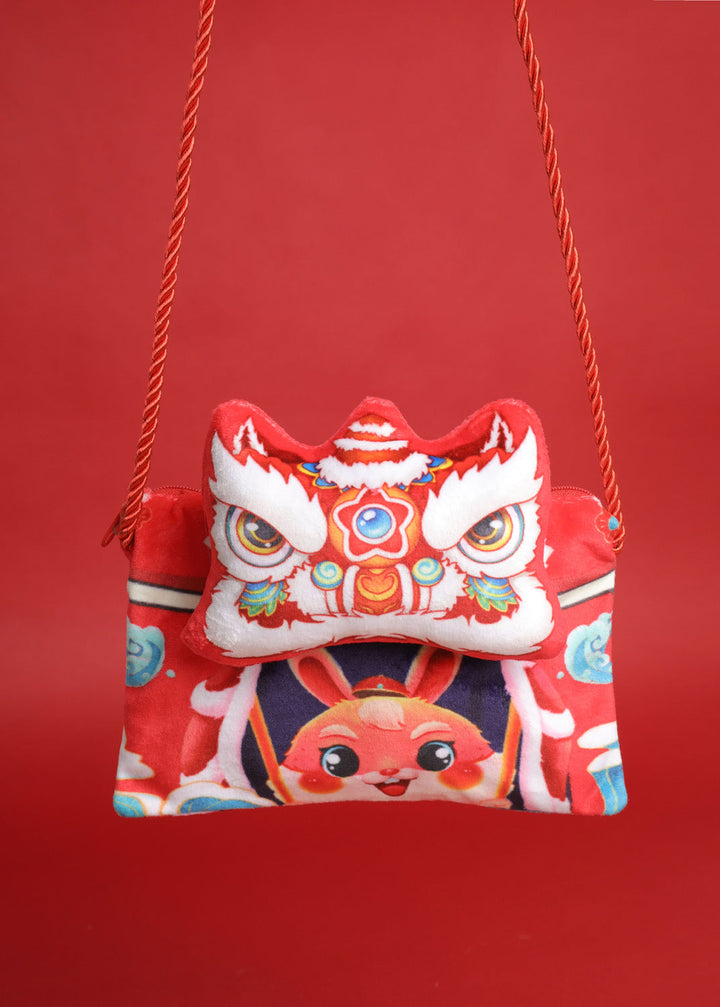 Baby Kids CNY Chinese New Year Rabbit Year Ang Bao Red Velvet Envelope Sling Bag Dancing Lion - quixoticmuses