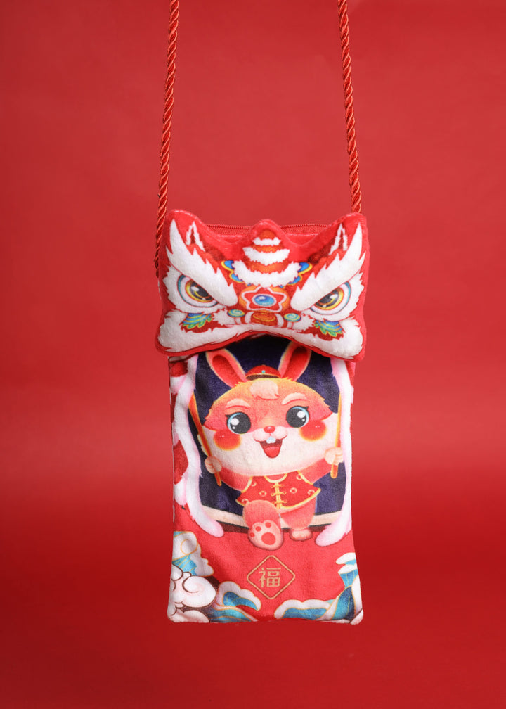 Baby Kids CNY Chinese New Year Rabbit Year Ang Bao Red Velvet Envelope Sling Bag Dancing Lion - quixoticmuses