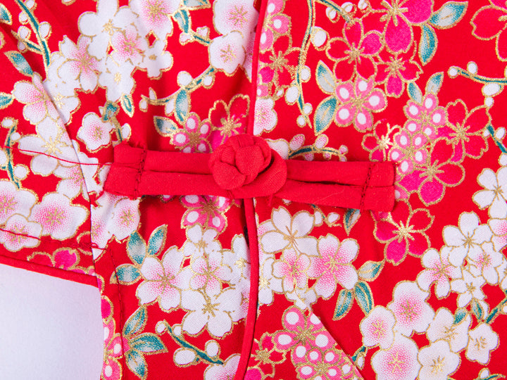 A10 Red Cheongsam Dress w White n Pink Plum Blossoms Flowers - quixoticmuses