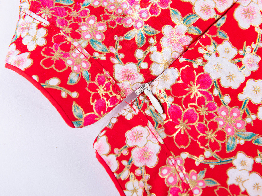 A10 Red Cheongsam Dress w White n Pink Plum Blossoms Flowers - quixoticmuses