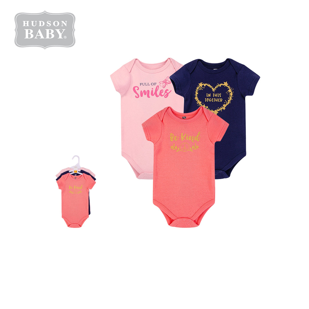 Hudson Baby Bodysuits 3 Piece Short Sleeves Pack Be Kind 16513 - quixoticmuses