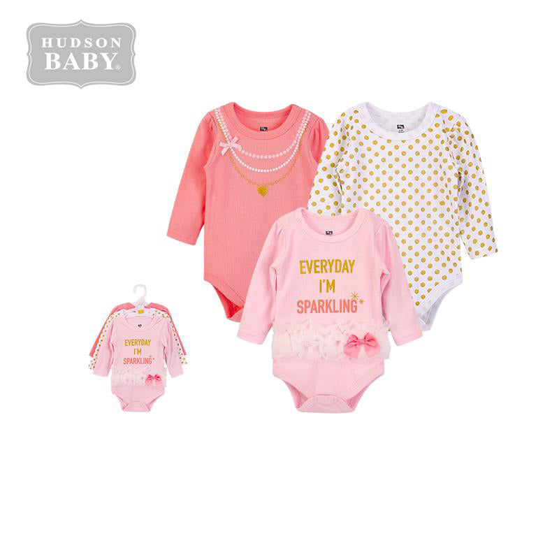 Hudson Baby Girl Sparkling Bodysuit 3pc Set Long Sleeve 00605CH - quixoticmuses