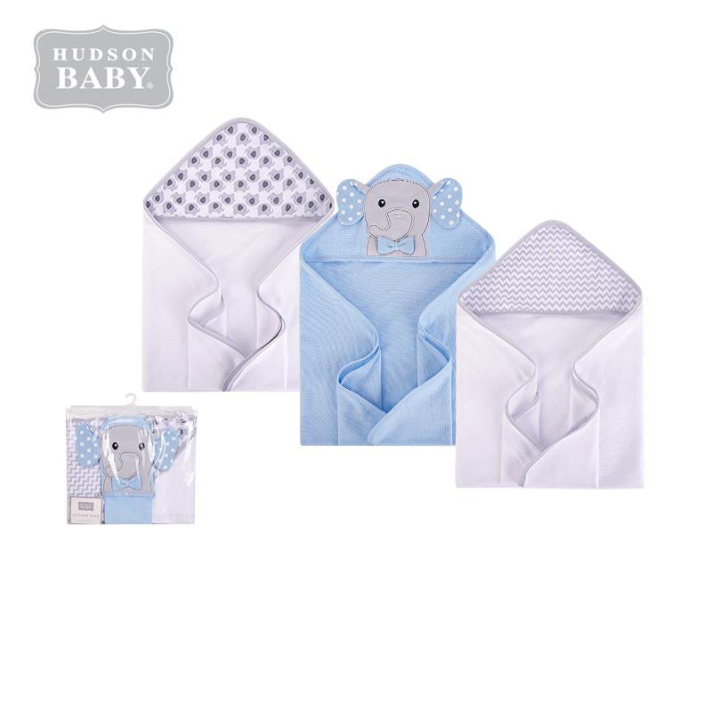 Hudson Baby Knit Terry Hooded Towel Set 3 Piece 57989 Blue Elephant - quixoticmuses