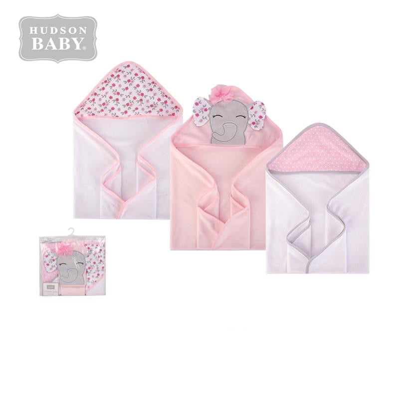 Hudson Baby Knit Terry Hooded Towel Set 3 Piece 57993 Floral Elephant - quixoticmuses