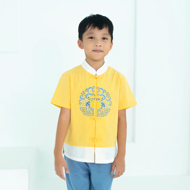 Baby Kids Boys Chinese Character Fu Cheongsam Set Yellow Top n Blue Shorts CNY Chinese New Year Outfit - quixoticmuses