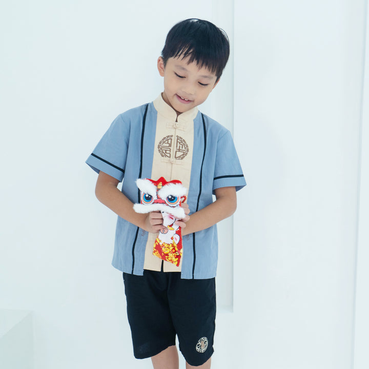 Baby Kids Boys Fake Two Piece Cheongsam Set Blue Top n Black Shorts CNY Chinese New Year Outfit - quixoticmuses