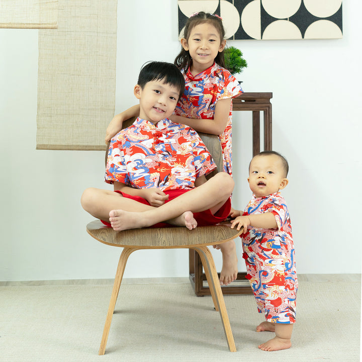 Baby Kids Boys Blue n Red Cheongsam Set Dragon Prints Top n Shorts CNY Chinese New Year Outfit - quixoticmuses