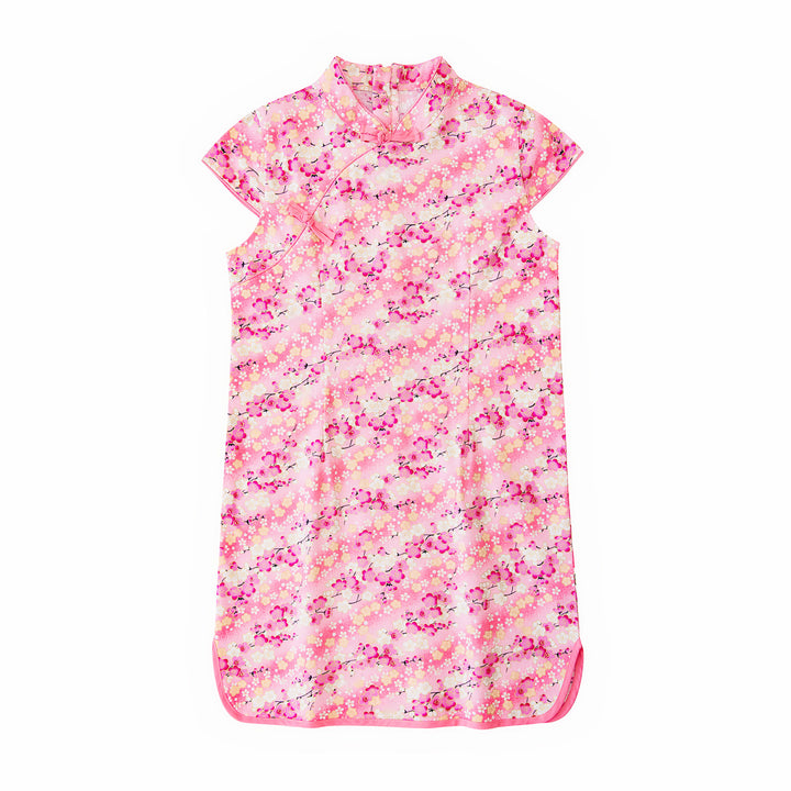 Baby Kids Girl Pink n Watermelon Red Swirl Print Cheongsam Dress w White n Orange Flowers - quixoticmuses