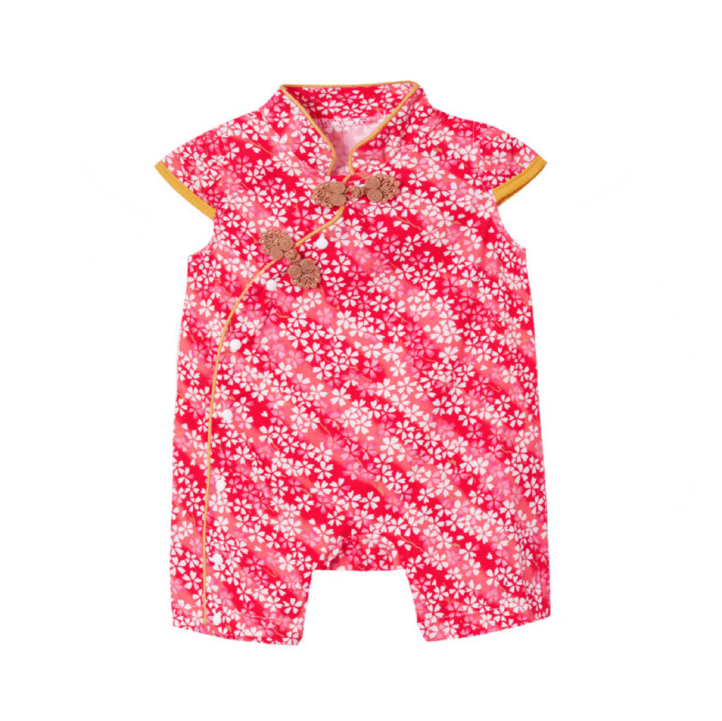 Baby Girl Cheongsam Romper Red n Pink Stripes White Flowers - quixoticmuses